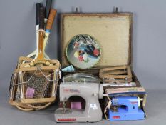 Lot to include a sewing box and contents, child's Jones Meccano sewing machine,