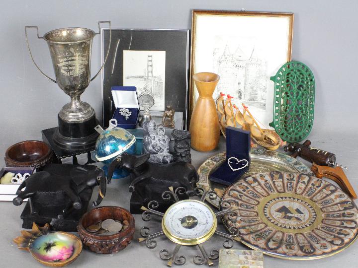 A mixed lot of collectables to include costume jewellery, framed prints, treen,