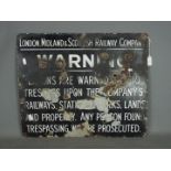 A vintage LMS Trespass Warning sign, approximately 46 cm x 56 cm.
