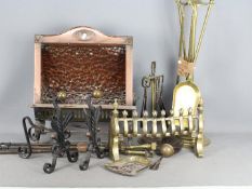 Mixed metalware to include fireside companion sets, fire dogs, vintage copper electric fire.