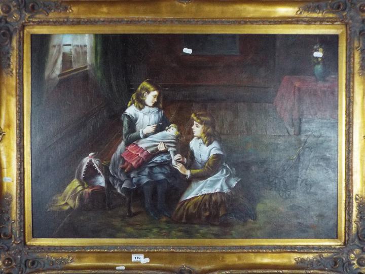 A large, ornately framed oil on canvas depicting two young girls playing with a doll, - Image 2 of 5