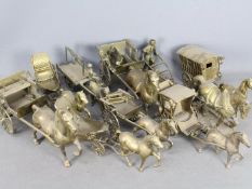 A collection of brass ornaments, horses and carts, horse pulling plough, one box.