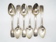 Six George IV silver tea spoons, London assay 1822, approximately 105 grams / 3.3 ozt all in.