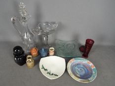 A mixed lot to include a Mdina bottle and stopper, studio pottery, decorative glass and similar.