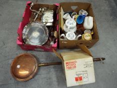 A mixed lot comprising ceramics including Jasperware, metal ware, plated, brass and other, treen,