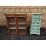 A pine, twin glazed door bookcase or display cabinet,