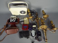 A mixed lot to include two hallmarked silver golf ball markers, brass wall lights,