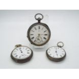 Silver Watches - A Swiss silver cased open face pocket watch, Roman numerals to a white enamel dial,