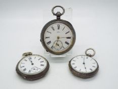 Silver Watches - A Swiss silver cased open face pocket watch, Roman numerals to a white enamel dial,