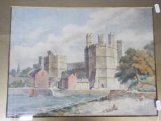 Watercolour landscape scene, castle beside water, mounted and framed under glass,