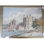 Watercolour landscape scene, castle beside water, mounted and framed under glass,