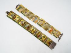 A Persian hand painted mother of pearl story bracelet 19.5 cm (l) and one similar bone example.