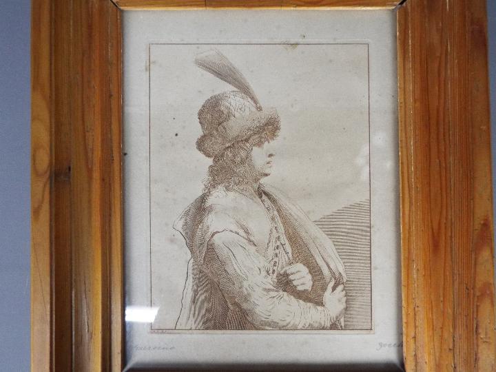 A framed etching after Guercino, depicting a well dressed gentleman, approximately 24 cm x 18 cm.