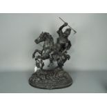 A cast metal sculpture depicting a warrior on horseback, approximately 53 cm (h).