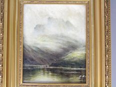 A small framed oil on canvas depicting an atmospheric lakeside scene,