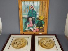 A framed oil on board still life of children's toys,