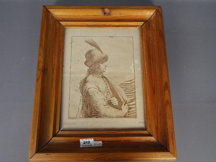 A framed etching after Guercino, depicting a well dressed gentleman, approximately 24 cm x 18 cm. - Image 4 of 5