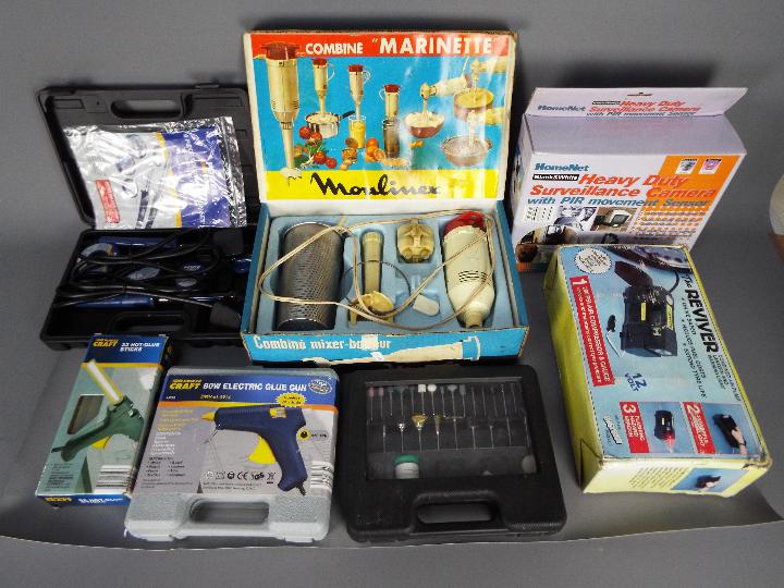 Lot to include an electric glue gun, soldering iron set, CCTV camera, air compressor and other.
