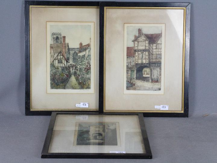 Three coloured etchings depicting Tudor buildings and similar,