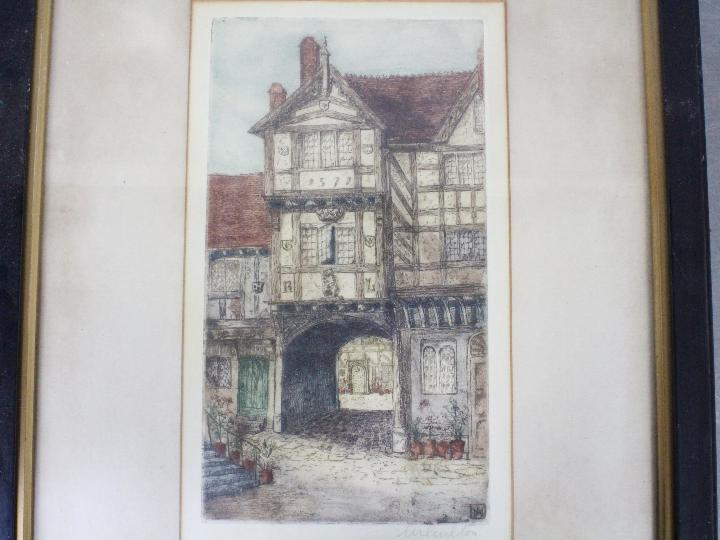 Three coloured etchings depicting Tudor buildings and similar, - Image 4 of 7