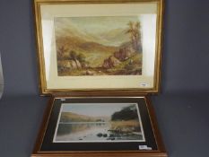 A watercolour landscape scene with sheep grazing to the foreground and a mountainous background,