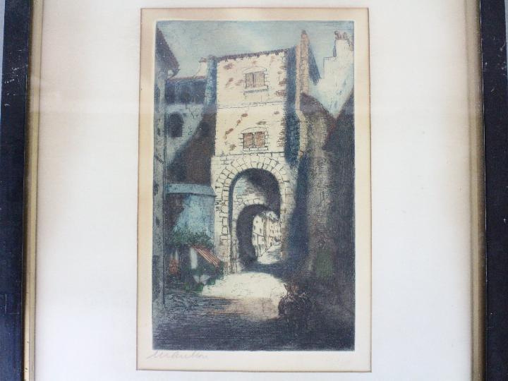 Three coloured etchings depicting Tudor buildings and similar, - Image 2 of 7