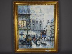 A gilt framed oil on canvas, street scene, signed lower right by the artist J Gaston,