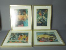 Four prints after Paul Gauguin, all mounted and framed under glass, varying image sizes.