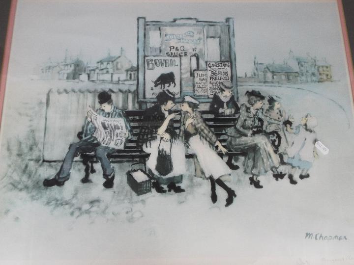 A pencil singed print after Margaret Chapman, depicting figures on a bench, - Image 2 of 5