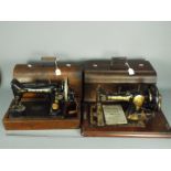 Two vintage sewing machines, a Singer and a Jones.