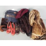A collection of mink and similar fur coats, stoles and similar, leather shoes (no size indicated).