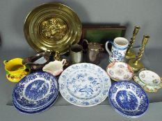 Lot to include metalware, ceramics comprising Delft, Royal Doulton, Shelley and other.