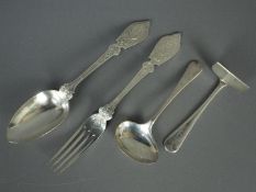 A Victorian spoon and fork with engraved decoration, Sheffield assay 1869/1870,