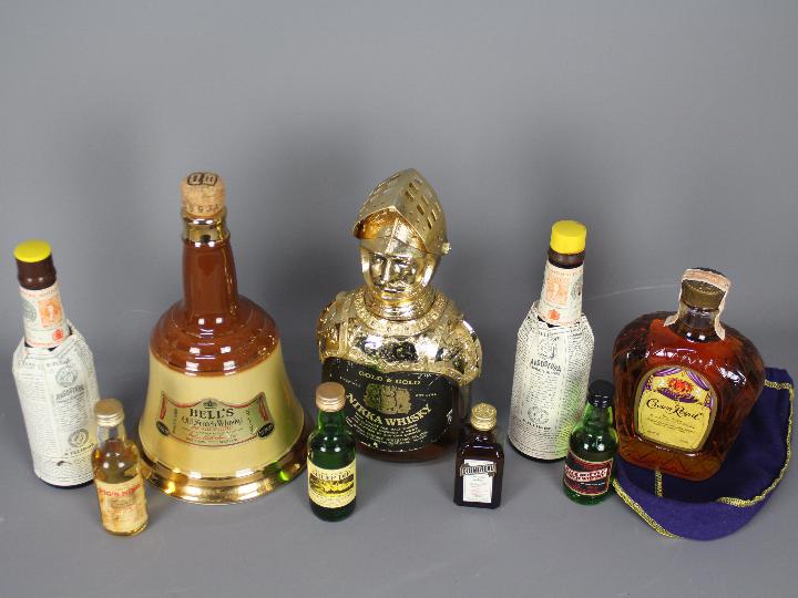 Lot to include a 500ml bottle of Crown Royal whisky 80 proof, 1974, a small quantity of miniatures,