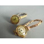 A 9ct gold cased wristwatch on expanding bracelet and a rolled gold wrist watch and strap.