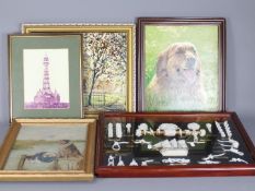 A small collection of oil paintings, framed knots display and other.