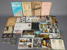 Lot to include postcards, vintage auction catalogues, commemorative crowns and similar.