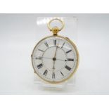 An 18ct gold cased open faced pocket watch, Roman numerals to a white enamel dial,