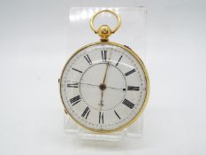 An 18ct gold cased open faced pocket watch, Roman numerals to a white enamel dial,