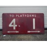 Railwayana - A vintage enamel platform sign, To Platforms 4 and 1 with directional arrows,