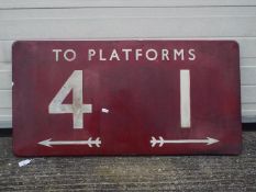 Railwayana - A vintage enamel platform sign, To Platforms 4 and 1 with directional arrows,