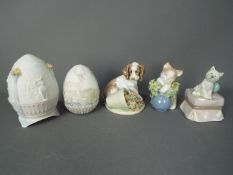 Lladro - Three figurines of animals and two limited edition eggs for 1996 and 1998,