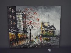 An unframed oil on canvas depicting a continental street scene,