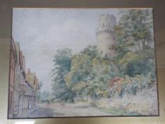 Watercolour landscape scene, street beside a castle, mounted and framed under glass,