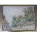 Watercolour landscape scene, street beside a castle, mounted and framed under glass,