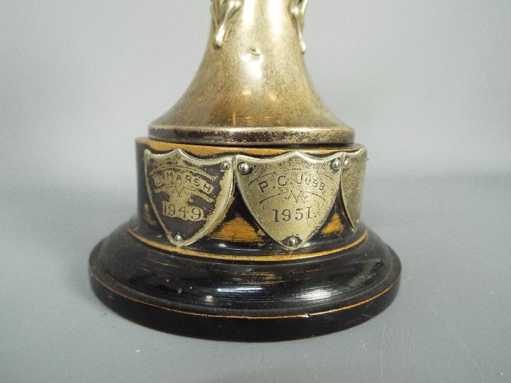 A George V hallmarked silver, Art Nouveau style, triple handled trophy, Sheffield assay 1933, - Image 3 of 6