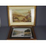 A watercolour landscape scene with sheep