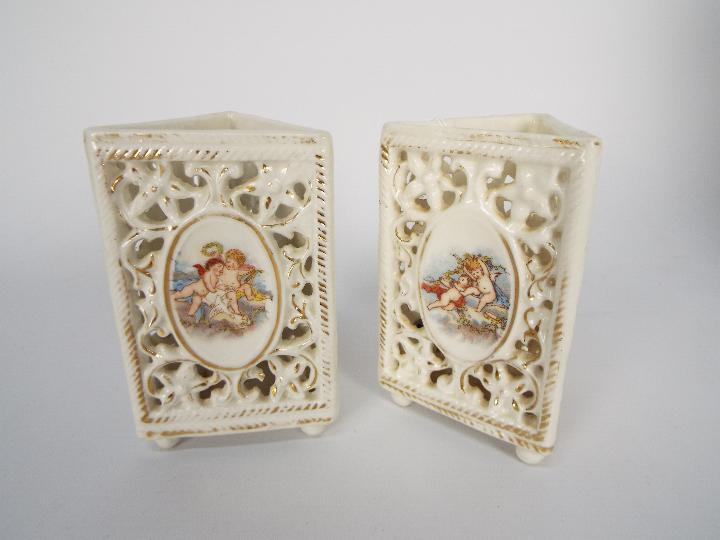 Lot to include a pair of Victoria Carlsbad reticulated vases of triangular section decorated with - Image 6 of 7