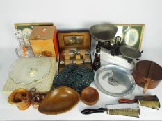 Lot to include a set of Avery kitchen scales, treen, glassware, metalware and similar.