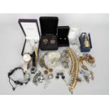 A small quantity of costume jewellery, some stamped 925, Swarovski brooch, watches and other.